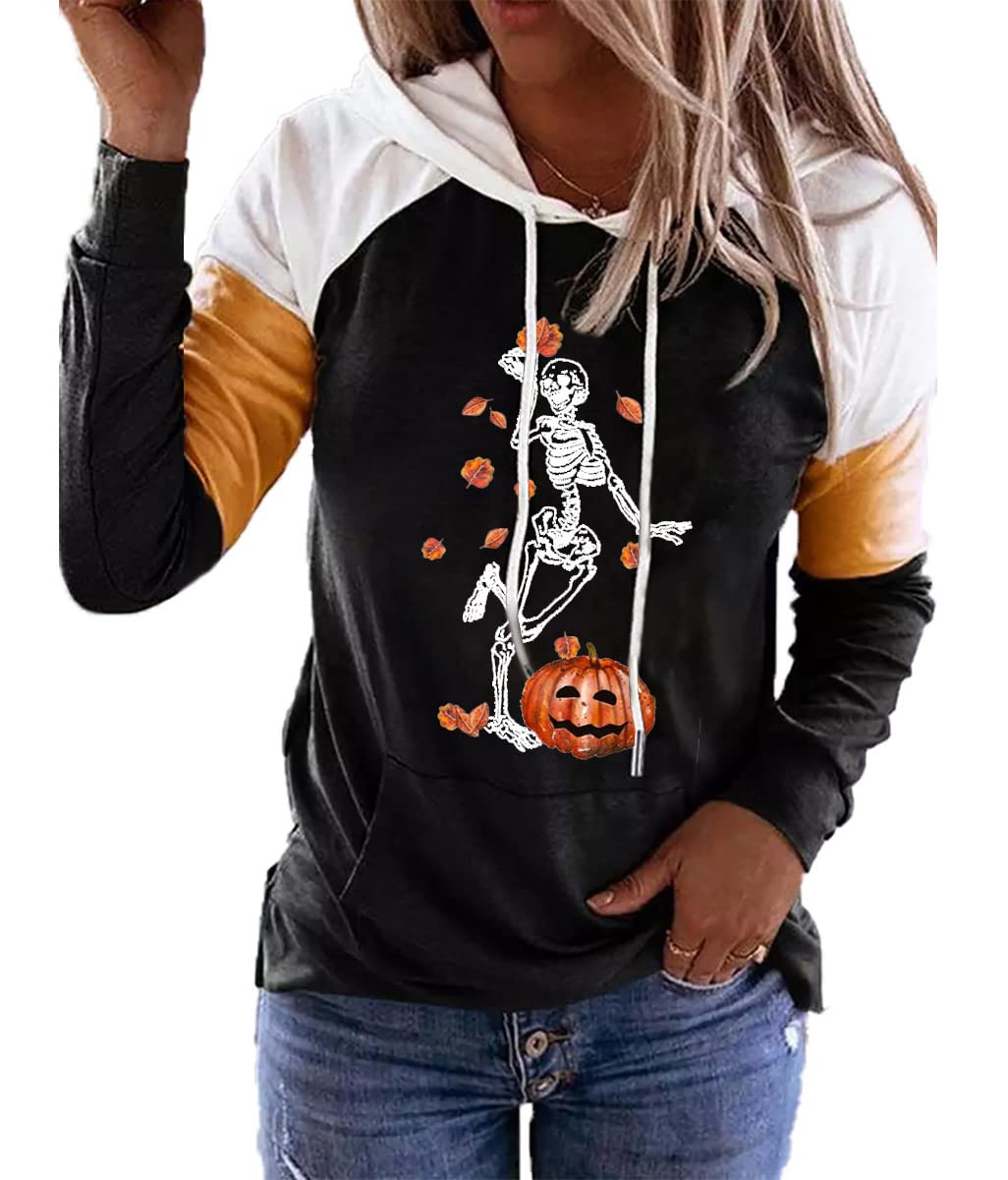 QIANRUO Halloween Hoodie Tshirt for Women Pumpkin Face Graphic Tees Tops Long Sleeve Color Block Pullover Shirt