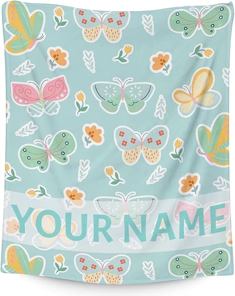 Personalized Butterfly Blanket Gifts with Name - 30"x40" Cute Throw for Women, Girls - Green Soft Fuzzy Blankets for Couch & Office
