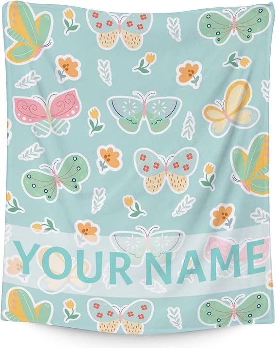 Personalized Butterfly Blanket Gifts with Name - 30"x40" Cute Throw for Women, Girls - Green Soft Fuzzy Blankets for Couch & Office
