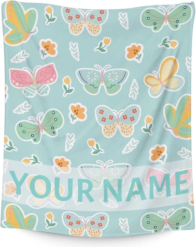 Personalized Butterfly Blanket Gifts with Name - 30"x40" Cute Throw for Women, Girls - Green Soft Fuzzy Blankets for Couch & Office