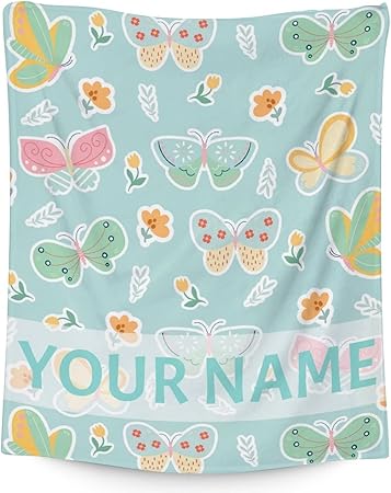 Personalized Butterfly Blanket Gifts with Name - 30"x40" Cute Throw for Women, Girls - Green Soft Fuzzy Blankets for Couch & Office