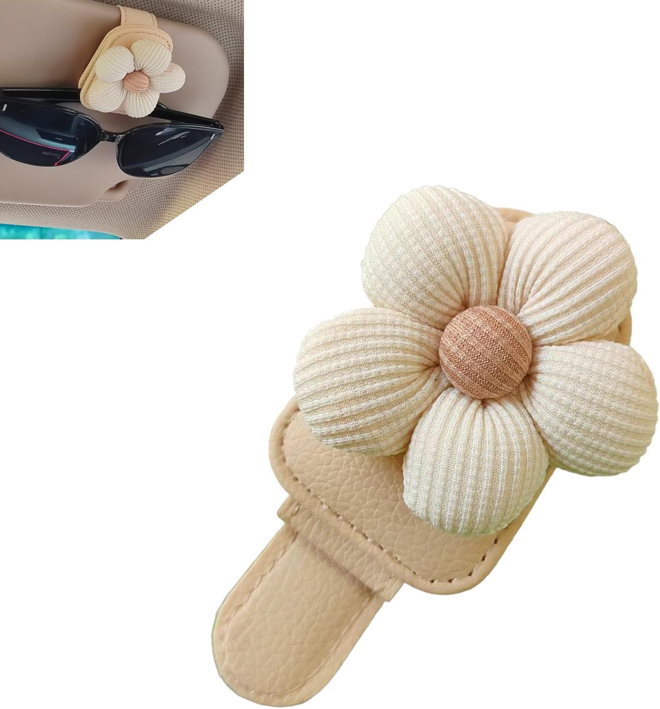 Floral Design Car Sun Visor Sunglasses Clip, Leather Waterproof Car Eyeglass Holder, Cute Car Visor Decor Accessory for Glasses, Universal for Most Cars, SUVs, Trucks (White)
