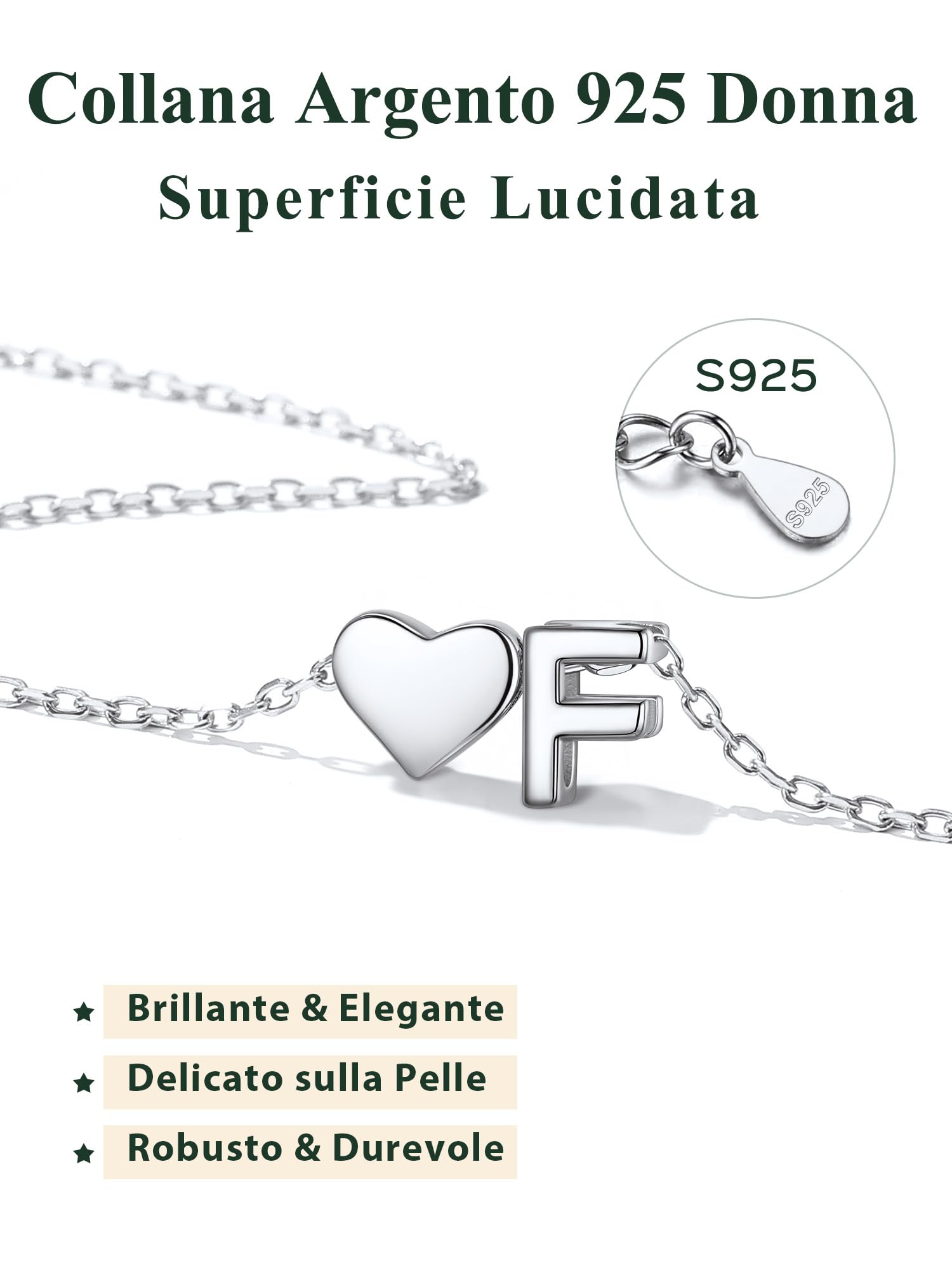 ChicSilver Collana Argento 925 Donna, Collana Donna Argento Oro Cuore con 26 Iniziale Lettera A-Z Lunga 41+5CM, Ciondolo Lettera Ragazza Amicizia Idee Regalo per Compleanno Anniversario Natale