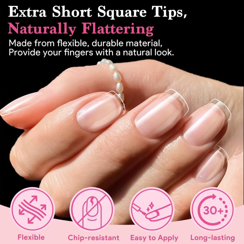 Image of Extra Short Square Nail Tips, 510 Pcs Clear Half Matte, 15 Sizes | 510 PCS clear extra short square tips with half-matte full cover for natural DIY extensions.