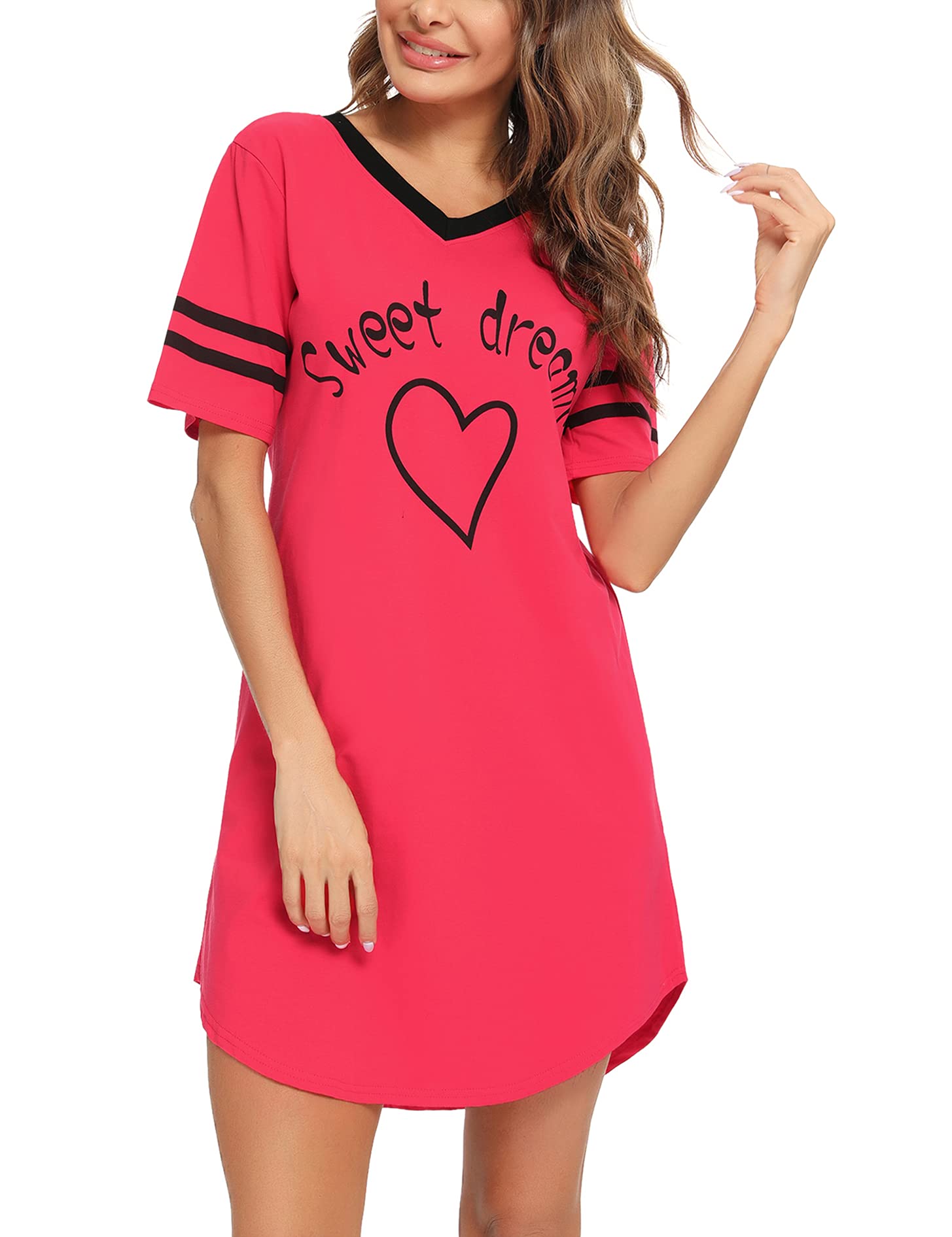 Litherday Women's A Red Nightdresses Nightshirt Cotton Nightwear Comfy Nighties Sleepwear Short Sleeve Pajama Night Dress Nightgown Loungewear(Red,S