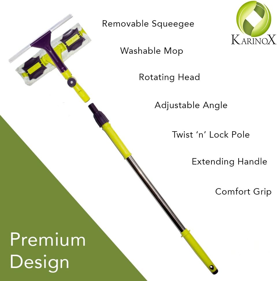 Premium Window Squeegee Kit with Extension Pole and Microfiber Glass Scrubber Includes Soft Rubber Blade and Replacement Cleaner Pad with Bonus Polishing Cloth for House Shower Car and Outdoor