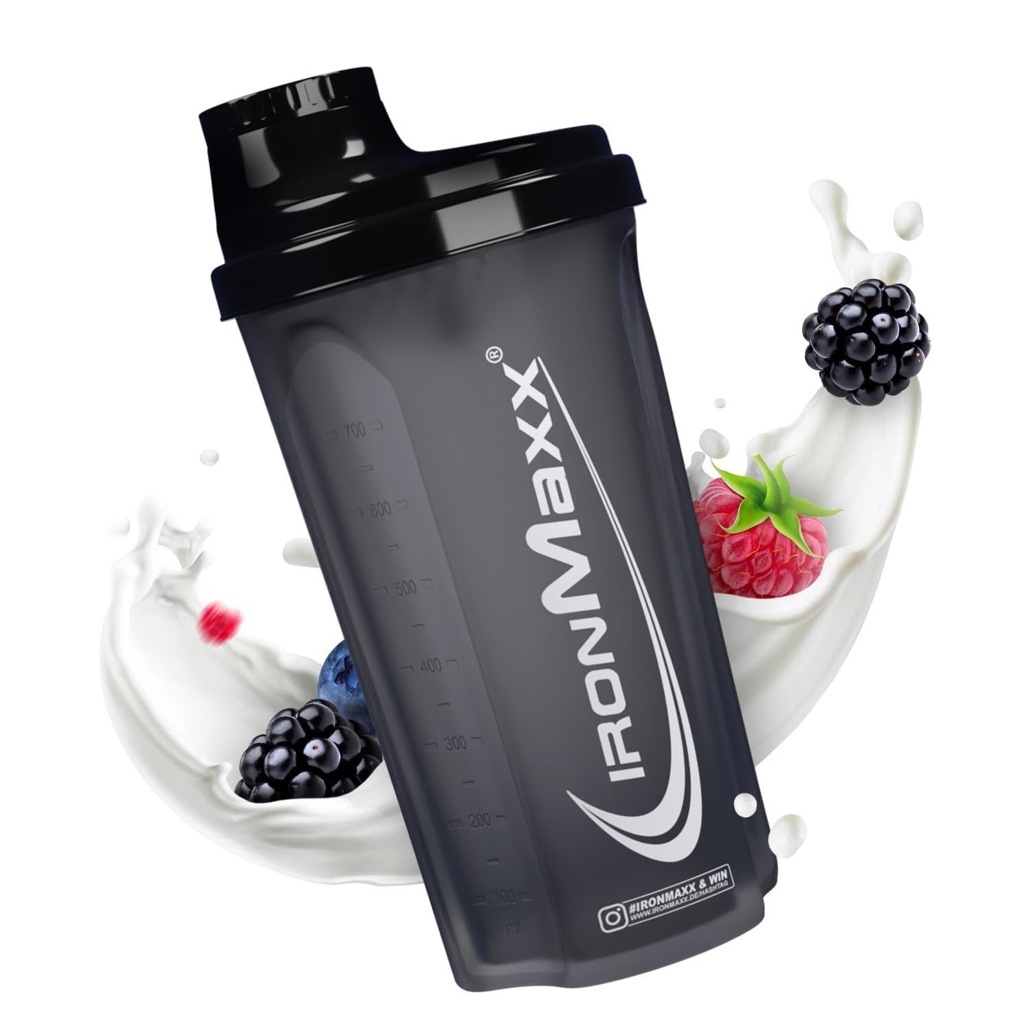 IronMaxx Protein Shaker - 700ml Negro Noche| Agitador de proteínas | Tapón de rosca, tamiz, escala | Sin BPA/DEHP, hermético, lavable