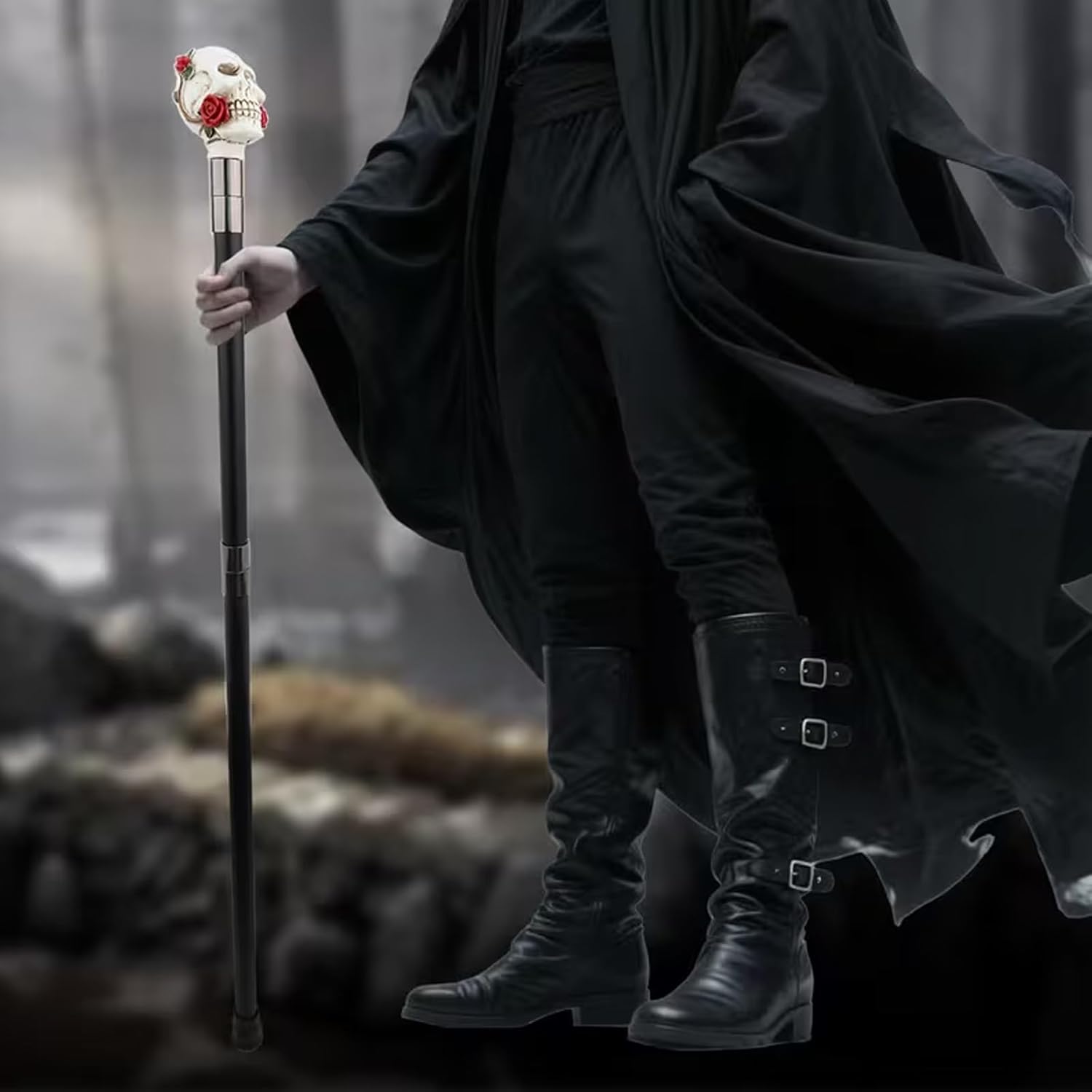 White Resin Red Rose and Skull Walking Cane, Luxury Men Womens Walking Stick, Removable Anti Slip Scepter, Cospaly Vintage Party 93cm
