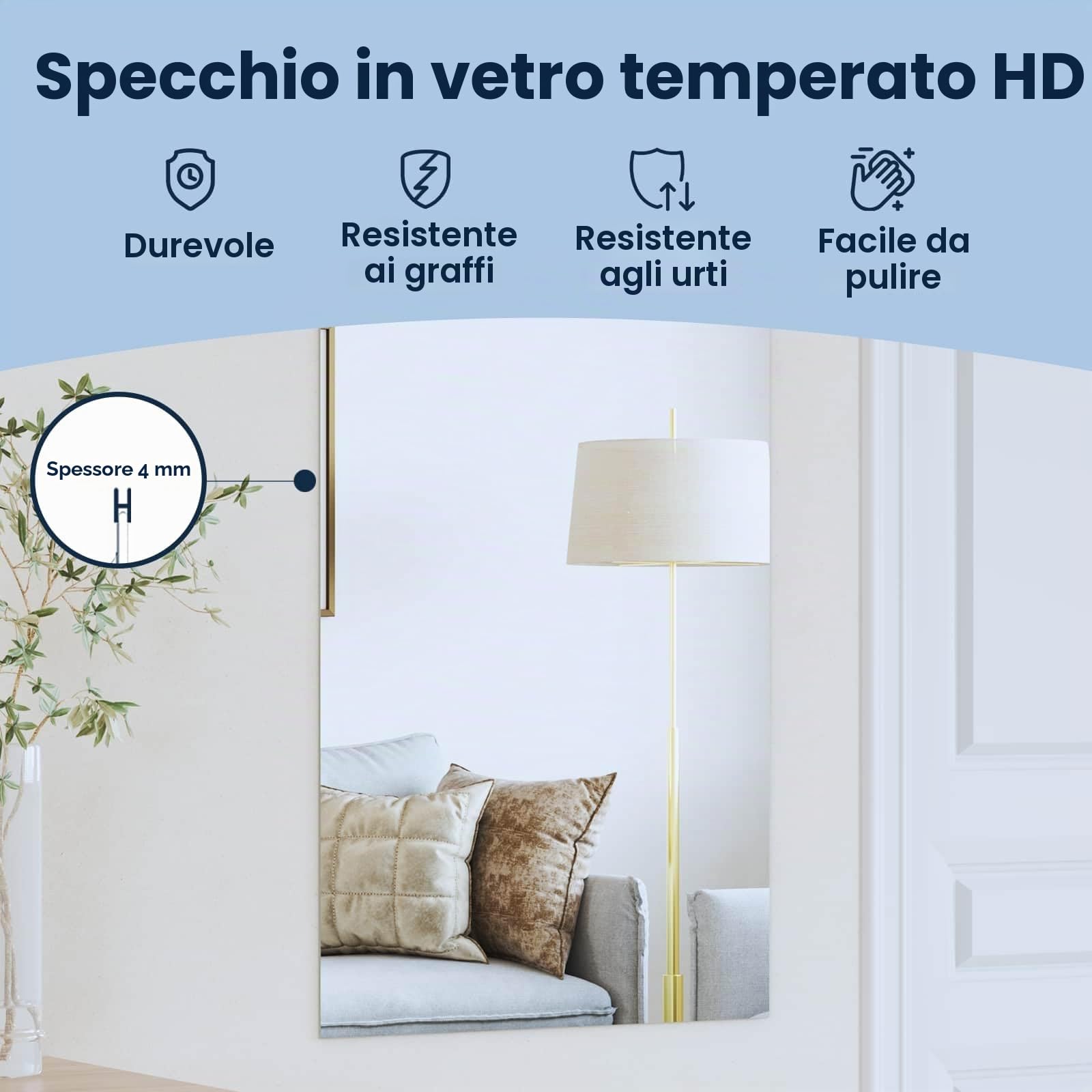 vidaXL Specchio da Parete Rettangolare 100 x 60 cm Vetro temperato