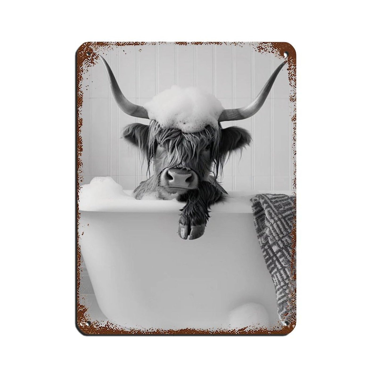 Highland Cow in The Bathtub, Funny Animal Poster (2) Retro Poster Metal Tin Sign Chic Art Retro Iron Painting Bar People Cave Cafe Family Garage Poster Wall Decoration 12x16inch(30x40cm)