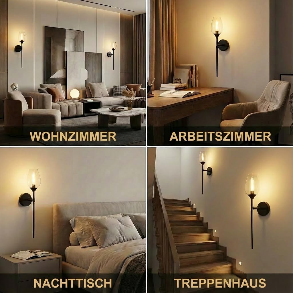Modern LED Wandleuchte Innen, 2er Set Kreativ Weinglasform Glas Wandlampe Warmweiß, Wandlicht Wandbeleuchtung für Schlafzimmer Wohnzimmer Treppenhaus Badezimmer (Schwarz)