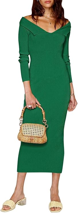 Duigluw Women Sweater Dress Ribbed Knit Slim Fit Long Sleeve Off Shoulder Fold Neck Midi Bodycon Sweater Dresses