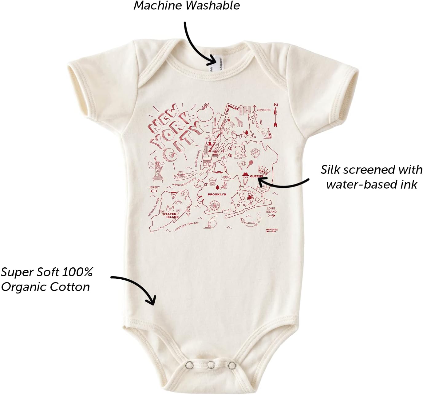 MAPTOTE Map One Piece-Unisex Baby Organic Cotton Short Sleeve Bodysuits-Various Sizes 3-18 Months-City Specific-Made in USA