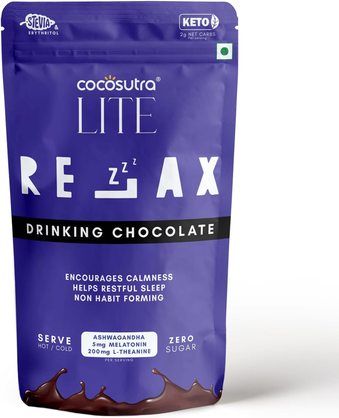 Cocosutra RELAX Sugar-Free Drinking Chocolate with Melatonin & Ashwagandha | Sleep Aid | Non-Habit Forming | Keto Friendly | Ages 14+ | 200g | 10 Servings