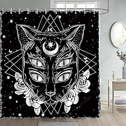 Gdmoon Egyptian Cat Shower Curtain Pharaoh Pet Mysterious Divination Black Cat Witchcraft Hippie Moon Stars Moonlight Bohemian Flowers Trippy Animal Bathroom Curtain Set 12 Hooks 72x72In YLWHGD1185 Cover