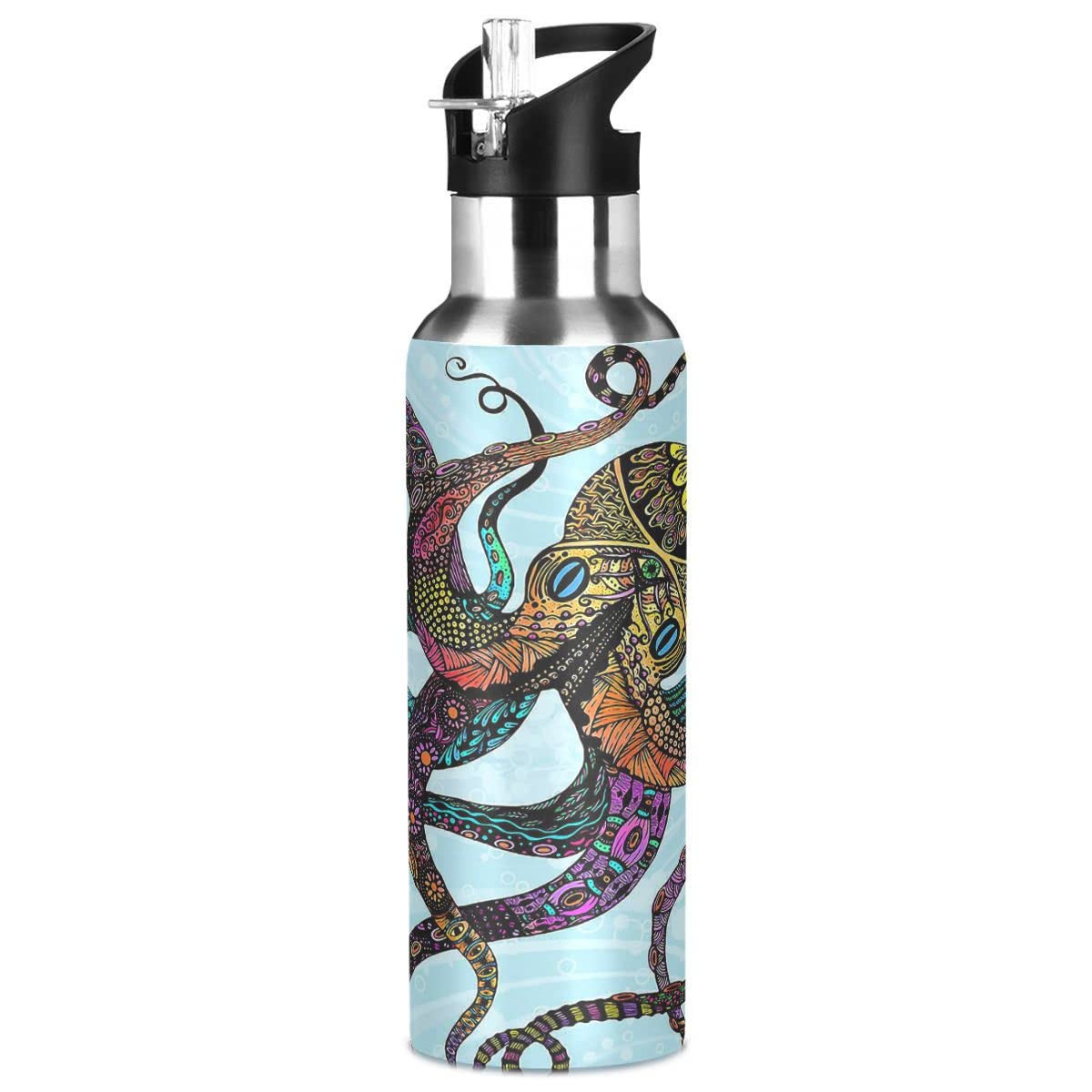Edelstahl Wasserflasche mit Strohhalm, Octopus isolierte Trinkflasche Sport Wasserflasche für Kinder Erwachsene, auslaufsicher, 1L
