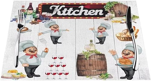 Miniatura 11 de Juego de 4 manteles individuales de tela de chef de cocina, manteles individuales de lino con patrón de cocinero gordo de dibujos animados,