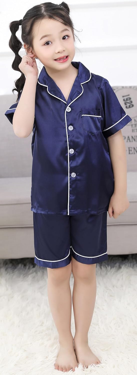 Girls Boys Silky Satin Pajamas Set 3 Pcs for Kid Children Silk pjs Set Sleepwear Button-up Nightwear - Image 5