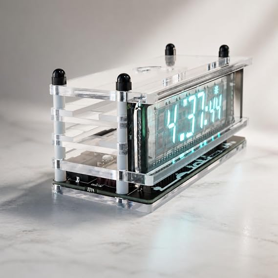 LGL Studio | Nixy Tube, Vacuum Fluorescent Display VFD Clock, Minimalist Desktop Clock, Supports NTP Auto Sync, 12/24 Hour Formats, Perfect for Tech Nerd, VCK-0658-A White Base Version
