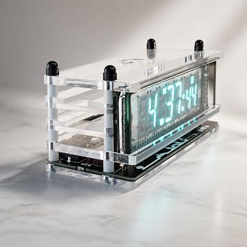 LGL Studio | Nixy Tube, Vacuum Fluorescent Display VFD Clock, Minimalist Desktop Clock, Supports NTP Auto Sync, 12/24 Hour Formats, Perfect for Tech Nerd, VCK-0658-A White Base Version