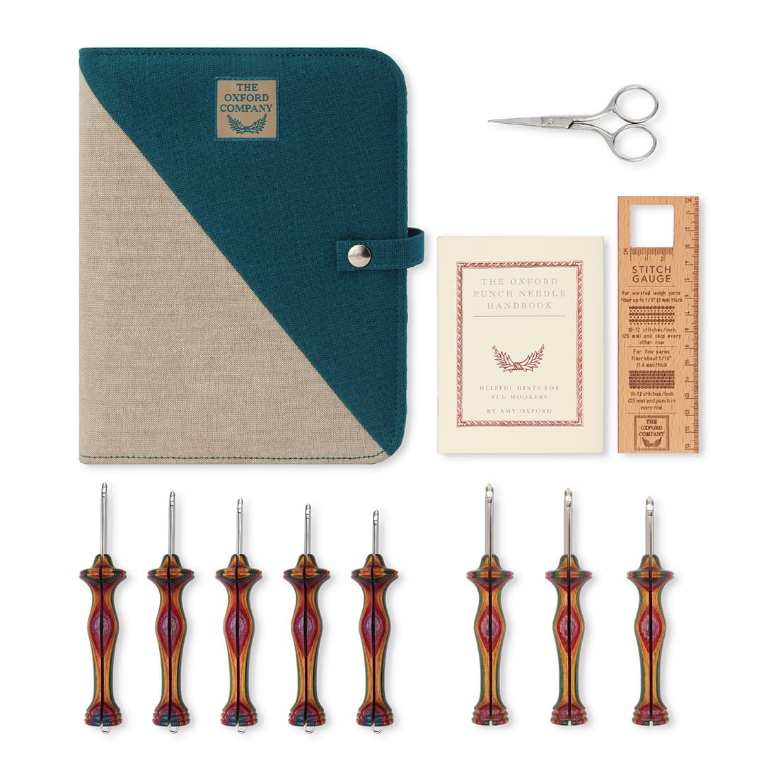 The Oxford Punch Needle Complete Set- 8 Sizes | Ergonomically Designed Colorful Symfonie Wood Handle | Electropolished Steel Tip | Ideal for Punch Needle Rug Hooking