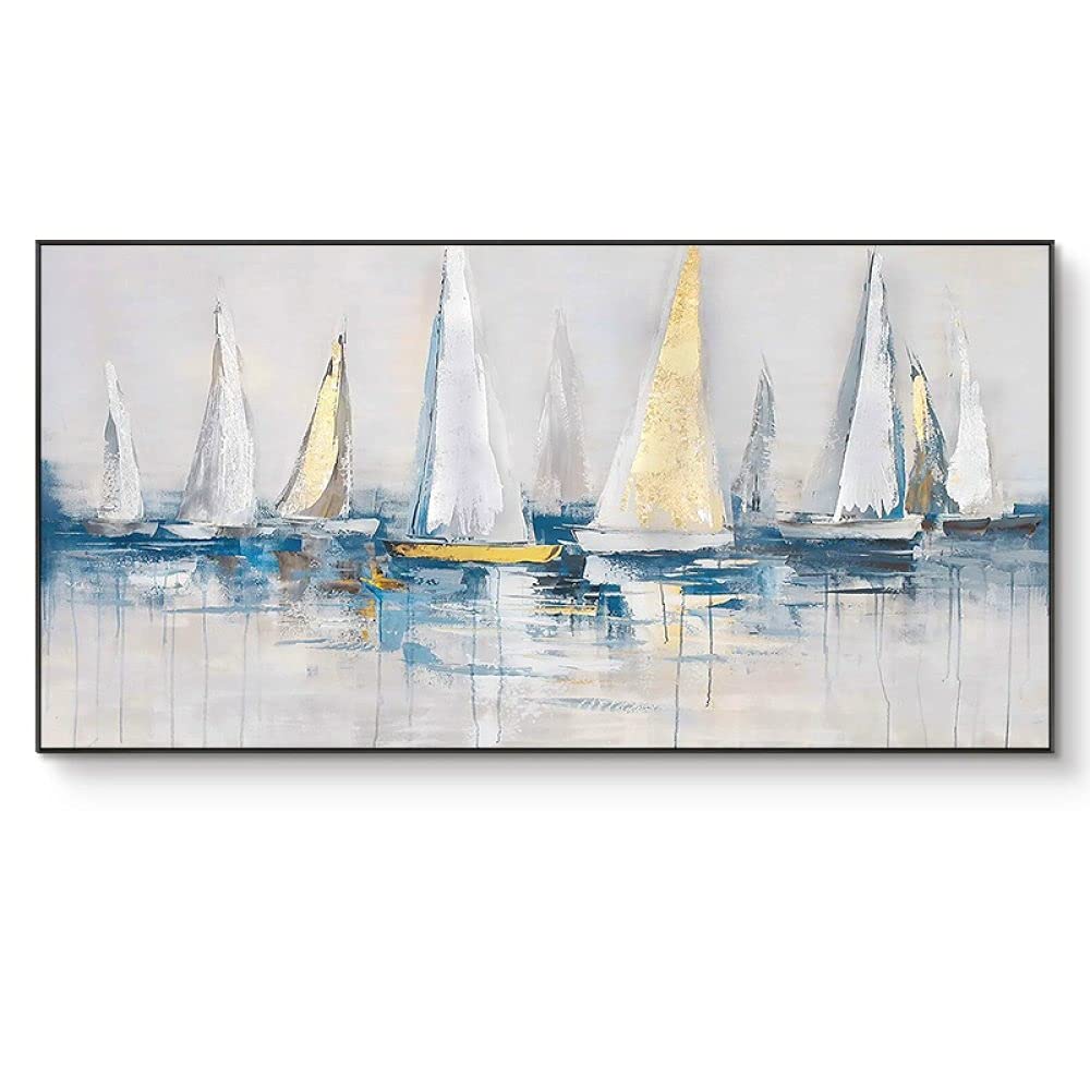 Pinturas Oleo,Barco De Vela Blanco Y Amarillo En La Superficie del Mar,Gran Pintura Al Óleo,Arte Abstracto Moderno,Lienzo,Arte De Pared,Pinturas,Sala De Estar,Dormitorio,Decoración del Hogar,Imág