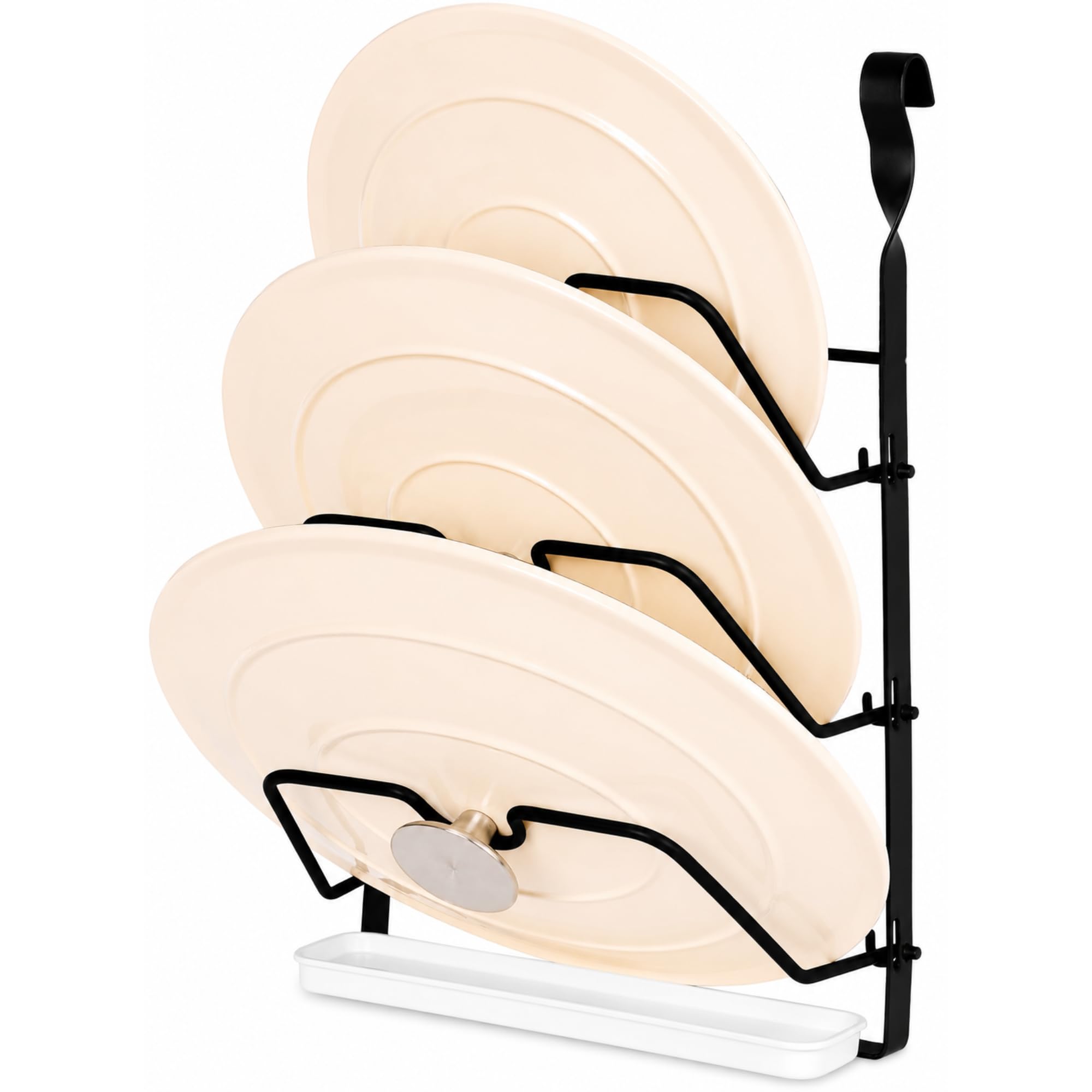LIVIVO Saucepan Lid Holder Rack – Wall Mounted 3-Tier Steel Pan Lid Organiser for Kitchen Storage – Holds Lids, Chopping Boards, Trays – Space Saving Wall Shelf (Black)