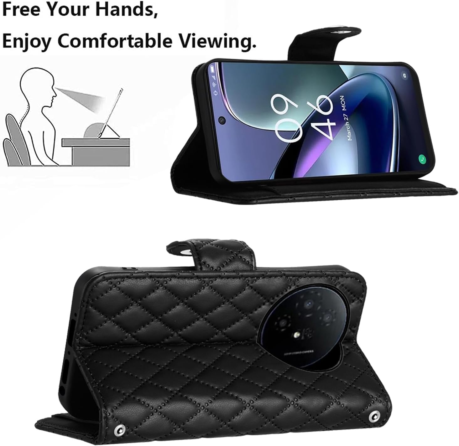 Wallet Case for TCL 50 XL 5G with Wrist Shoulder Strap, Argyle Pattern PU Leather Flip Credit Card Holder Stand Accessories Cell Phone Cover for TCL50XL 50XL T702W Girls Women Black