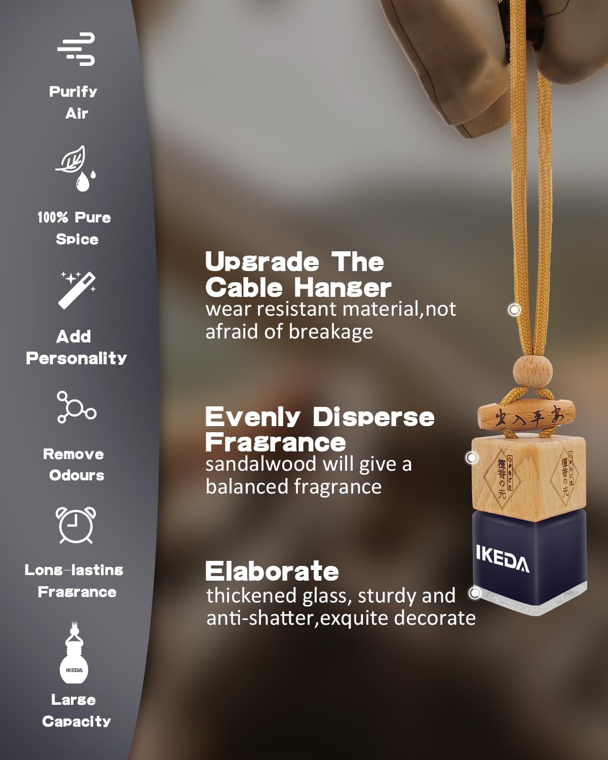 Car Air Fresheners for Men | 10ml Air Freshener | Strong Perfume Hanging Diffuser with Odour Eliminaor Technology | Car Accessories | Car Scents Air Fresheners by Ikeda (Square, New Car) New Car 0.27 Fl Oz (Pack of 1) image 6 of 7 B0D7C6RM5W