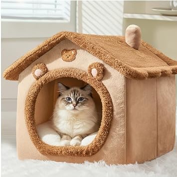 Cat Bed for Indoor Cats, Cozy Cave House Cat Tent with Removable Cushion, Cute Bear Pet Nest for Kitten and Small Dogs Brown, 15.7 * 13.8 * 15 in