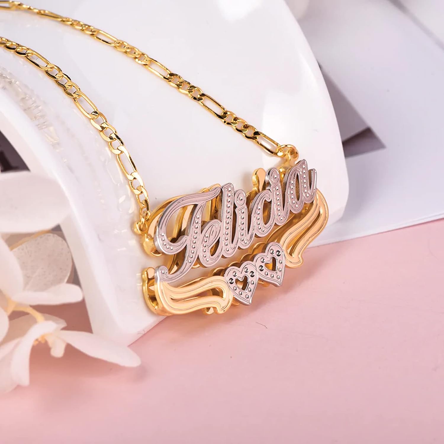 Name Necklace Double Plated Nameplate Two Tone Gold and Silver Heart Custom Necklaces Personalized Double Layered Design Letter Heart Choker Jewelry Gift for Women Lover Men - Image 2