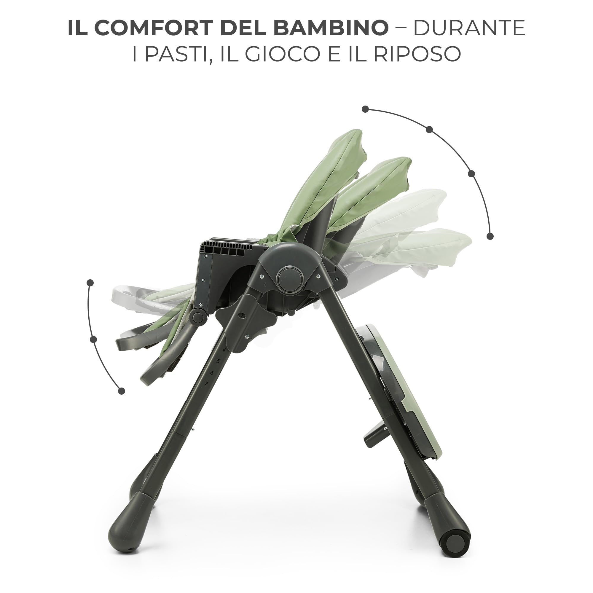 Kinderkraft TUMMIE Seggiolone 2 in 1, Ergonomico, Confortevole, Reclinabile, Pieghevole, con Altezza Regolabile e Poggiapiedi, Vassoio Staccabile, per Bambini, con giocattoli, Verde