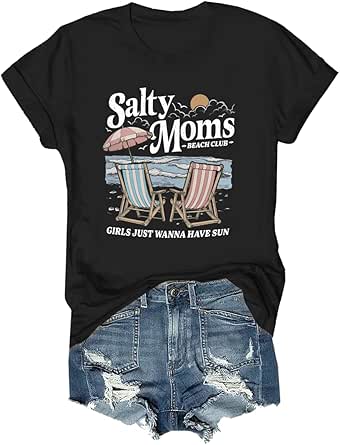 Amazon.com: Salty Moms Beach Club Shirt V Neck T-Shirt Girls Just Wanna