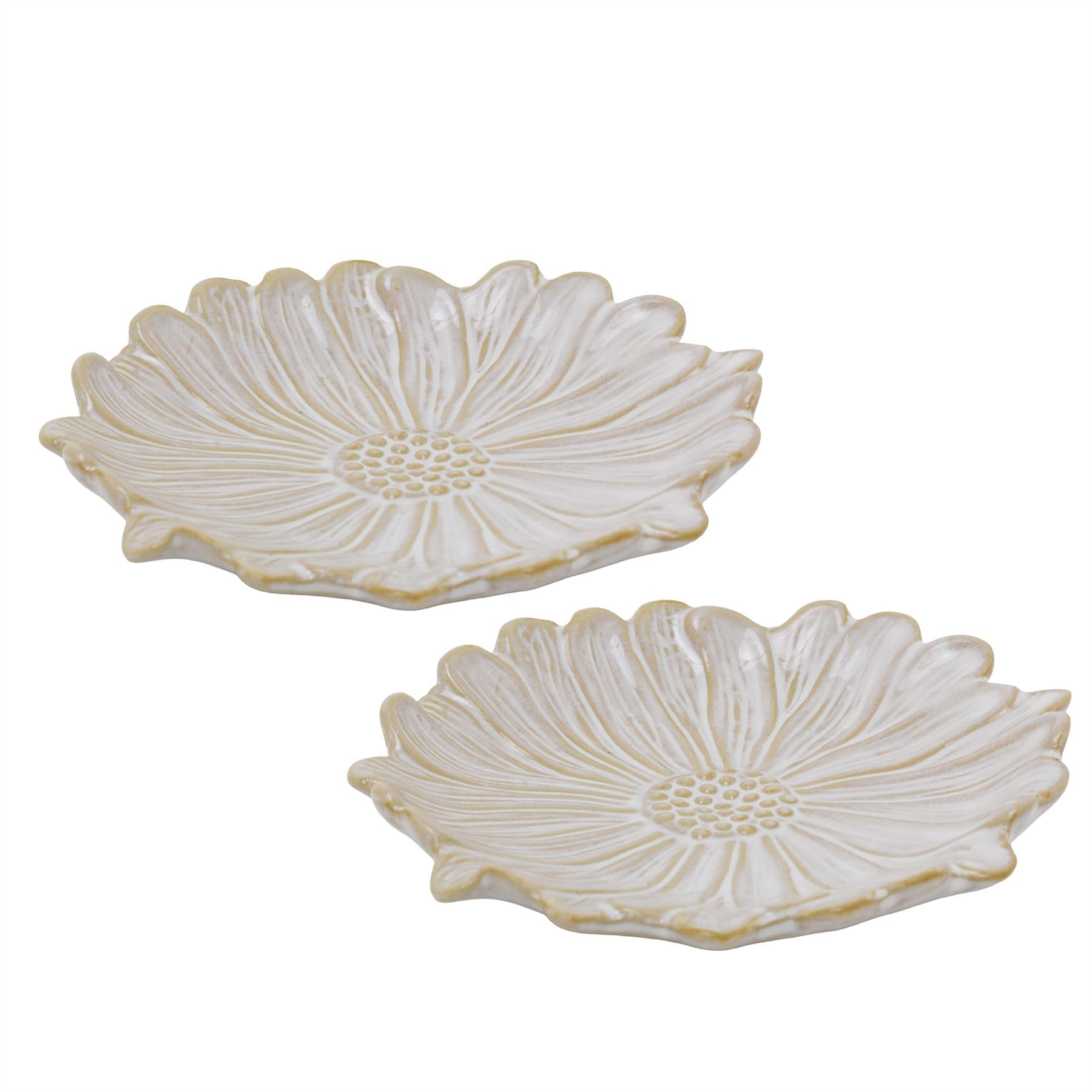 Carousel Home Set of 2 White Flower Trinket Dishes, 13cm Ceramic Daisy Shaped Jewellery Dishes Ring Holders Decorative Bowls