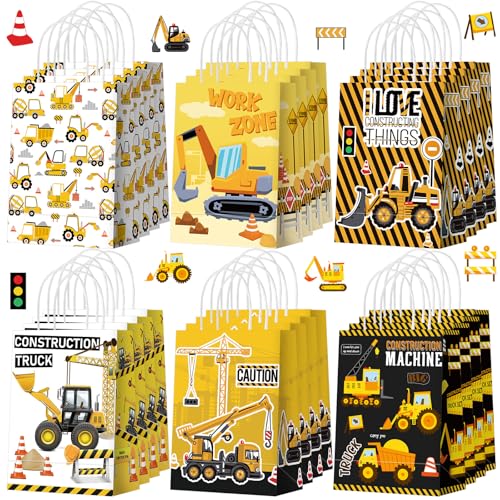 Sinload 24 Pcs Construction Party Gift Bags with Handle Truck Goodie Treat Bags Vehicles Party Favors Candy Gift Wrapping for Truck Themed Birthday Supply Decoration