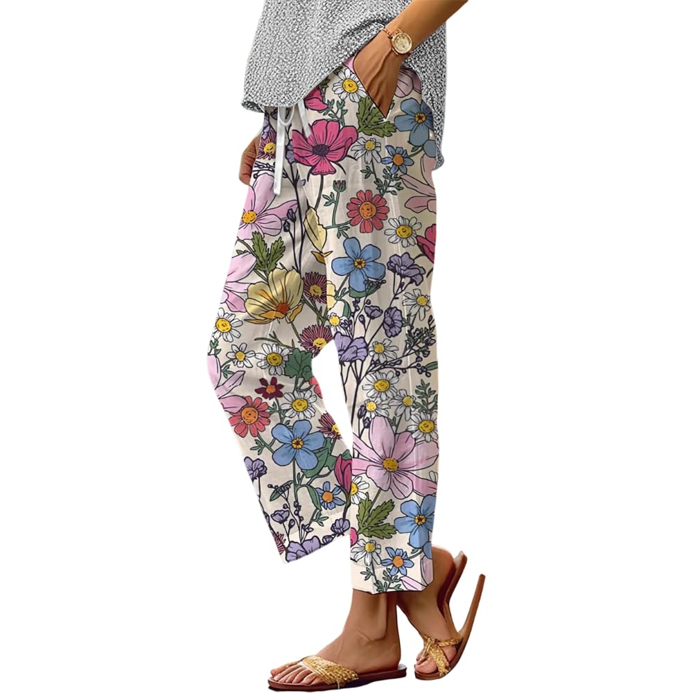 TIAFORD Womens Summer Boho Floral Print Linen Pants Drawstring Elastic Hight Waist Casual Loose Trousers with 4 Pockets