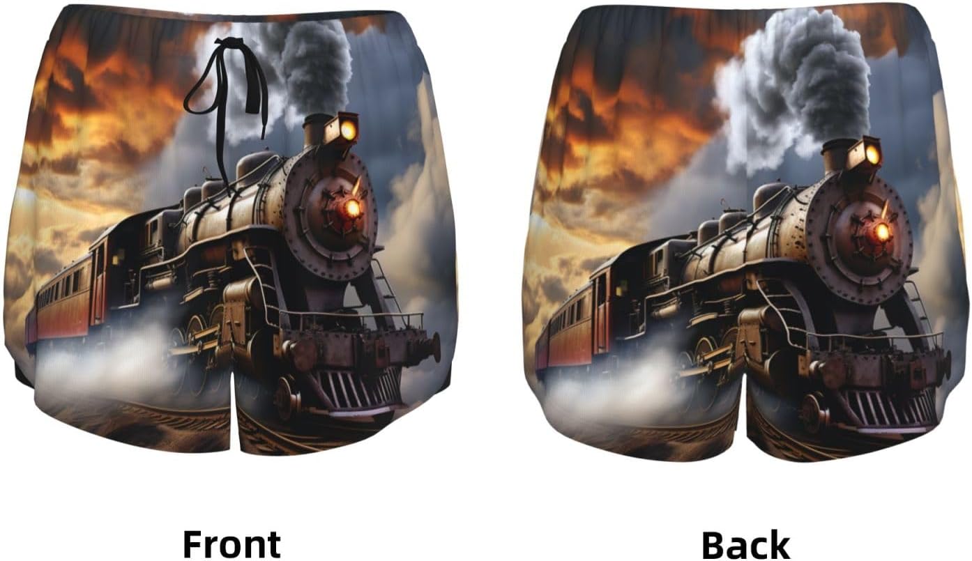 Train Clouds Print Women's Running Shorts,Athletic Shorts with Elastic Pockets,for Yoga,Jogging and Fitness