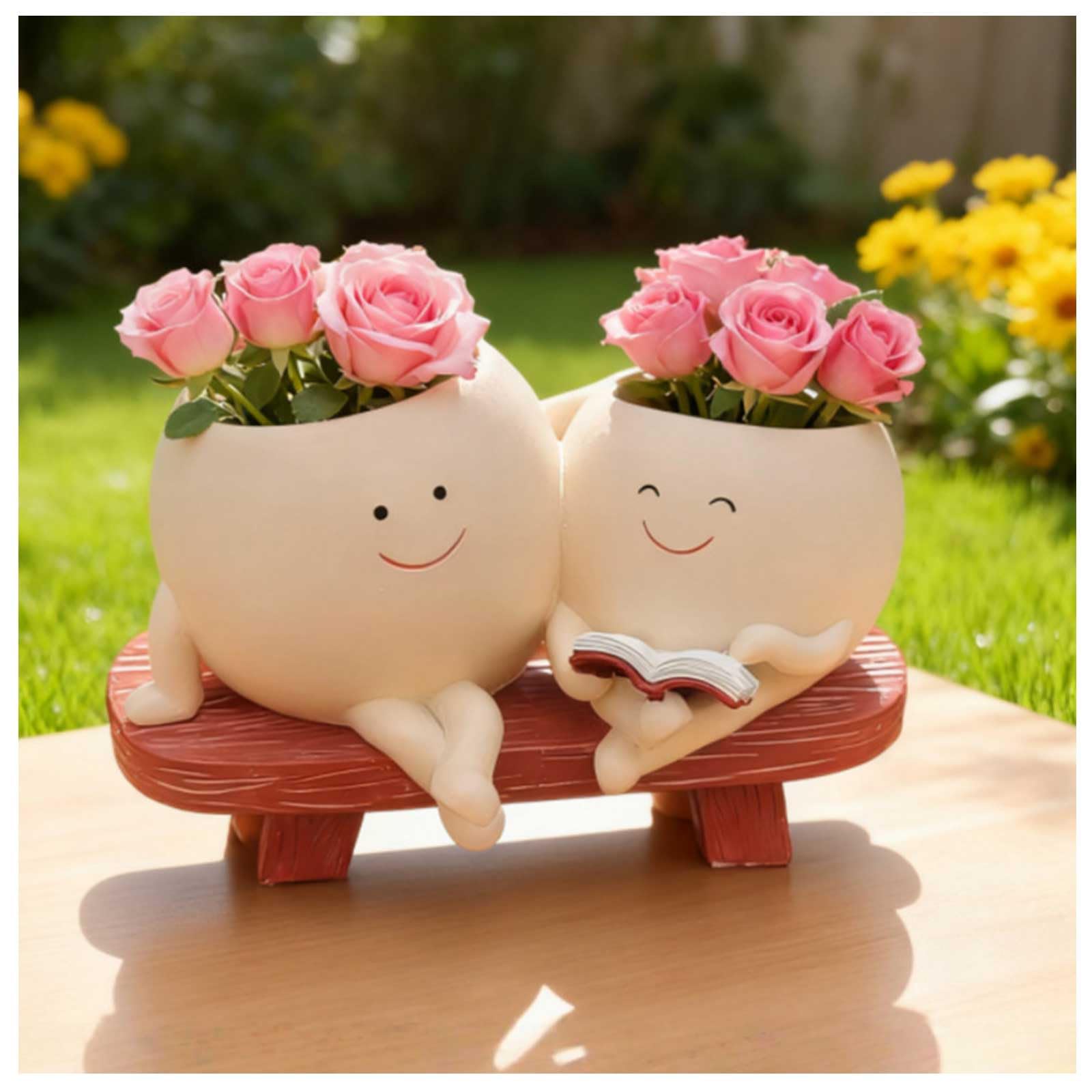 かわいい 笑顔 植木鉢 多肉植物鉢 底穴付き 植木鉢2つ付き 樹脂製 母娘がベンチで本を読む姿 サボテン鉢 プランターポット 観葉植物 ミニ植物適用 インテリア オフィス 部屋飾り ガーデニング 母の日プレゼント