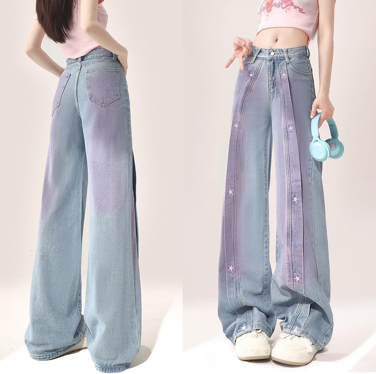 Harajuku Fashion High Waist Baggy Jeans Y2K Vintage Star Tie-Dye Casual Straight Leg Wide Leg Denim Pants - Image 2