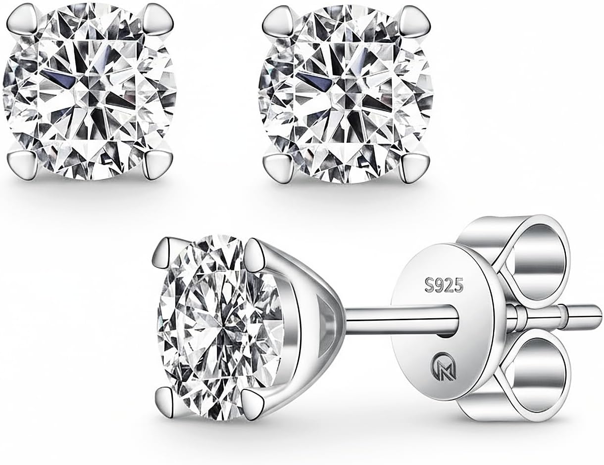 Moissanite Earrings, Rhodium Plated 925 Sterling Silver Stud Earring for Women Men, D Color VVS1 Lab Created Moissanite Studs, Hypoallergenic Jewelry Gifts