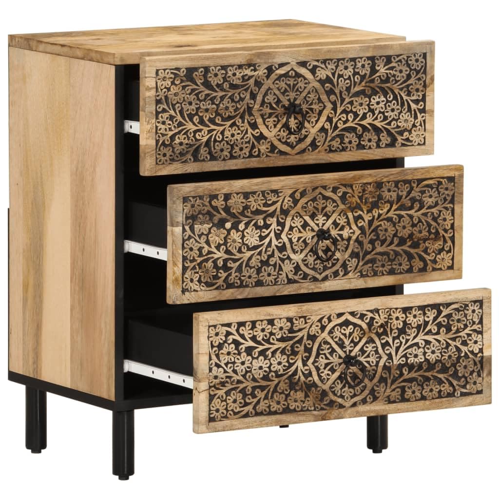 Table de chevet en bois de manguier massif 50 x 33 x 60 cm avec 3 tiroirs, pieds en fer, motif floral sculpté à la main, étagère et espace de rangement pour chambre à coucher, couloir ou