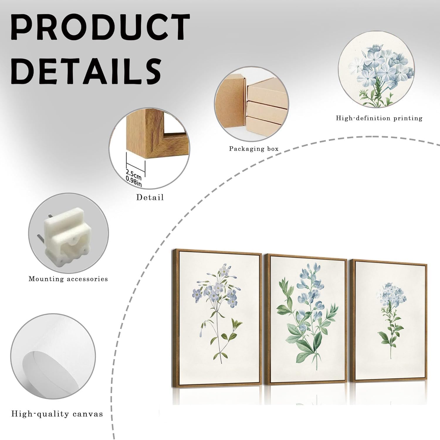 SongZest 3 Piece Blue Floral Framed Wall Art Boho Botanical Canvas Art Prints Vintage Flower Pictures Wall Decor Minimalist Rustic Paintings Artwork for Living Room Bedroom Bathroom 12x16in