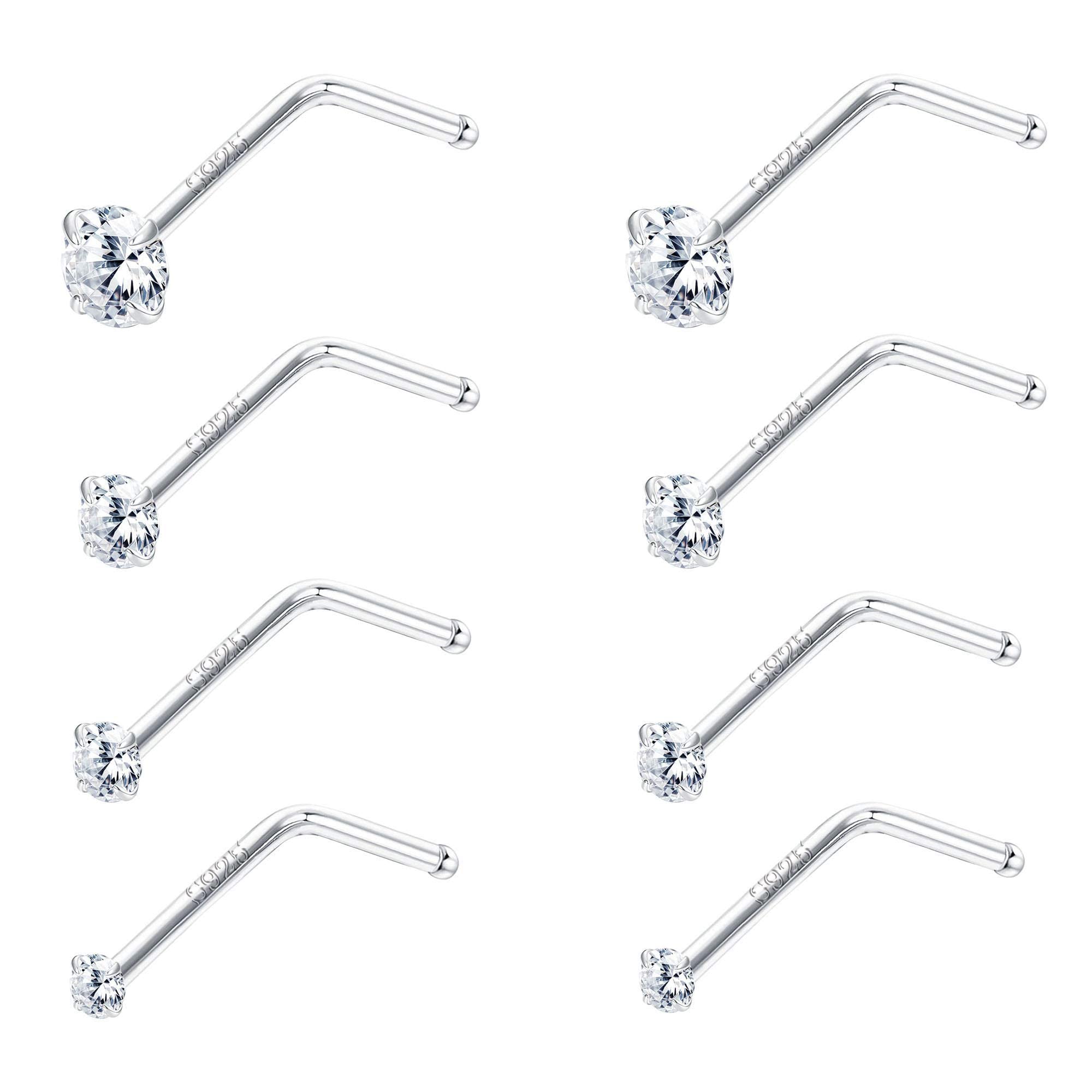 Sllaiss22G,Clavos de nariz de plata de ley para mujer, 8 unidades, clavo de nariz en forma de L, circonita cúbica, para piercing de nariz, 1.5 mm, Plata de ley Circonia cúbica, Circonia cúbica