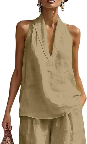 Cotton Linen Halter Tops for Women Flowy Sleeveless Loose Fitting Tank Top Beach Summer Casual Plain V Neck T Shirts