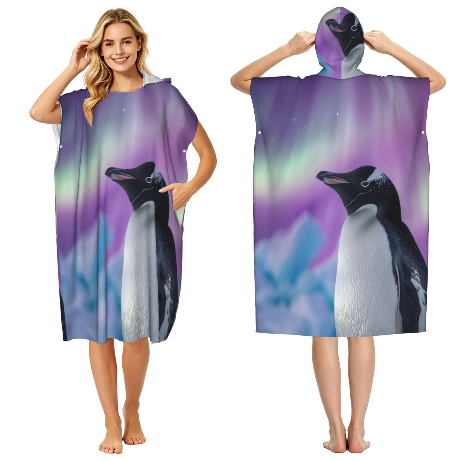 KLGRTJHK Penguin Adult Hooded Beach Poncho Towel 43"X35"