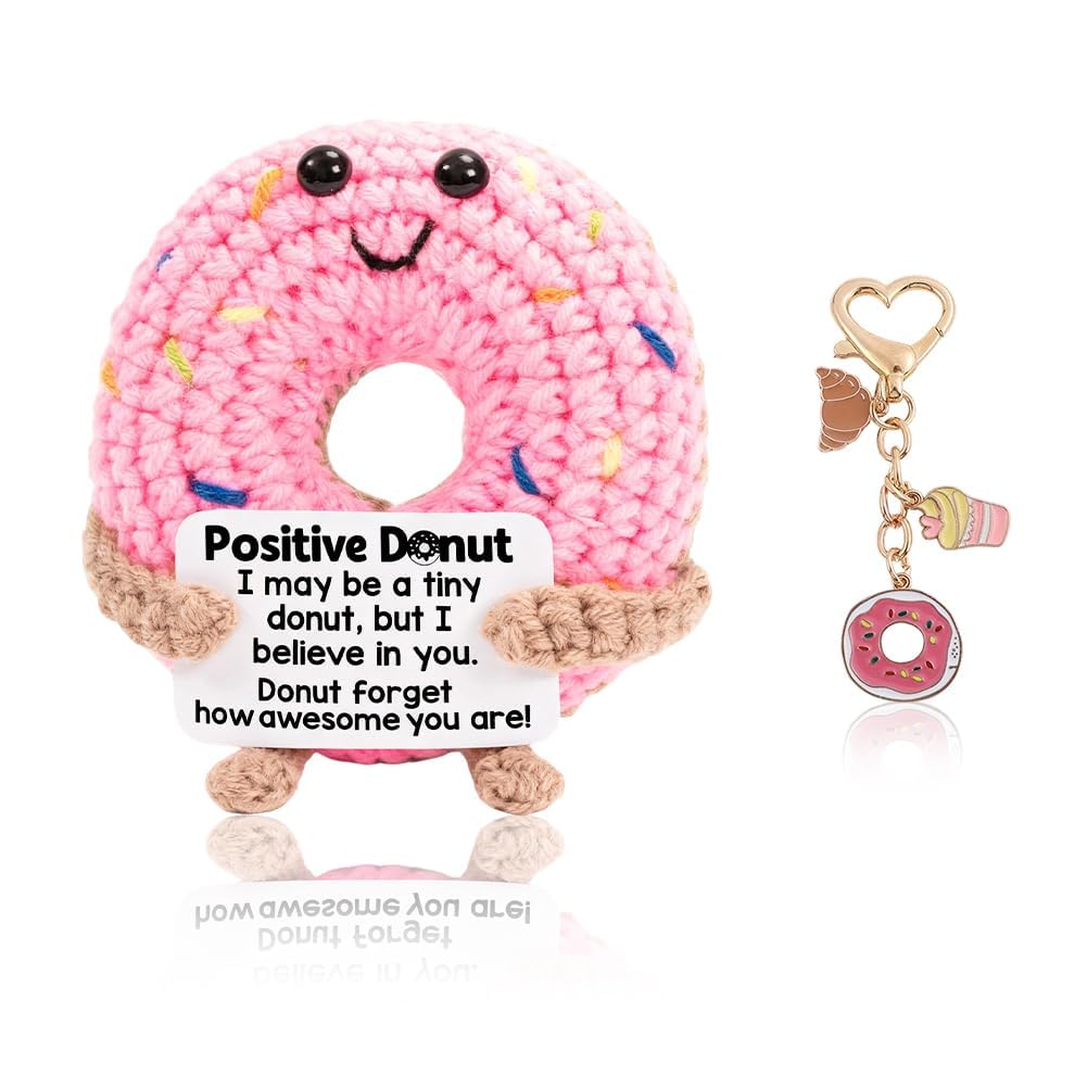 Emotional Support Crochet Donut With Sweet Donut Keychain,Knitted Positive Donut With Inspirational Card,Good Luck Gifts With Cards Christmas Birthday Gift For Women Men Family Coworker Friends