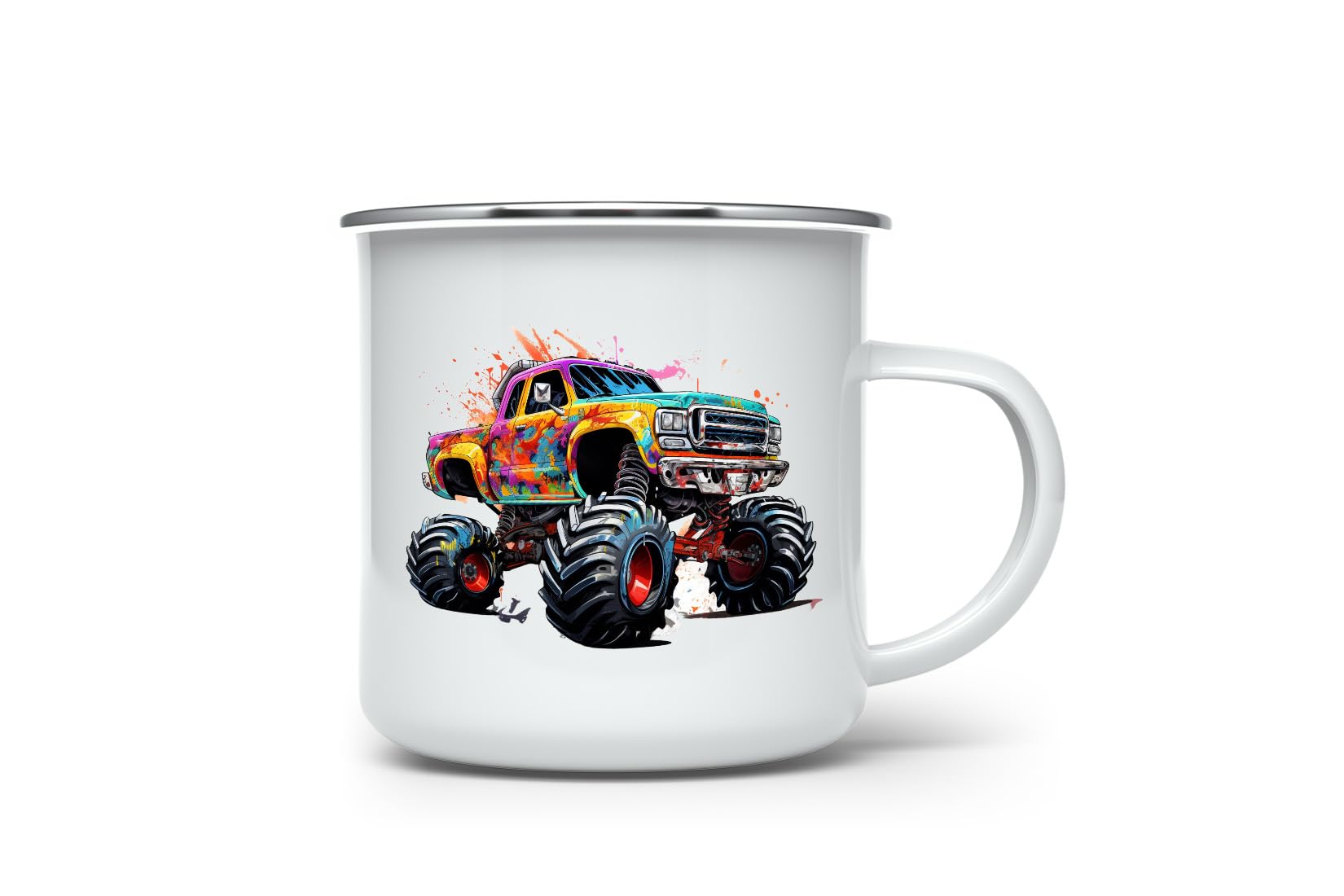 MAXIKIWI - Durable Enamel Coffee or Tea Camping Mug for Indoor Outdoor Use - Monster Truck - 350ml