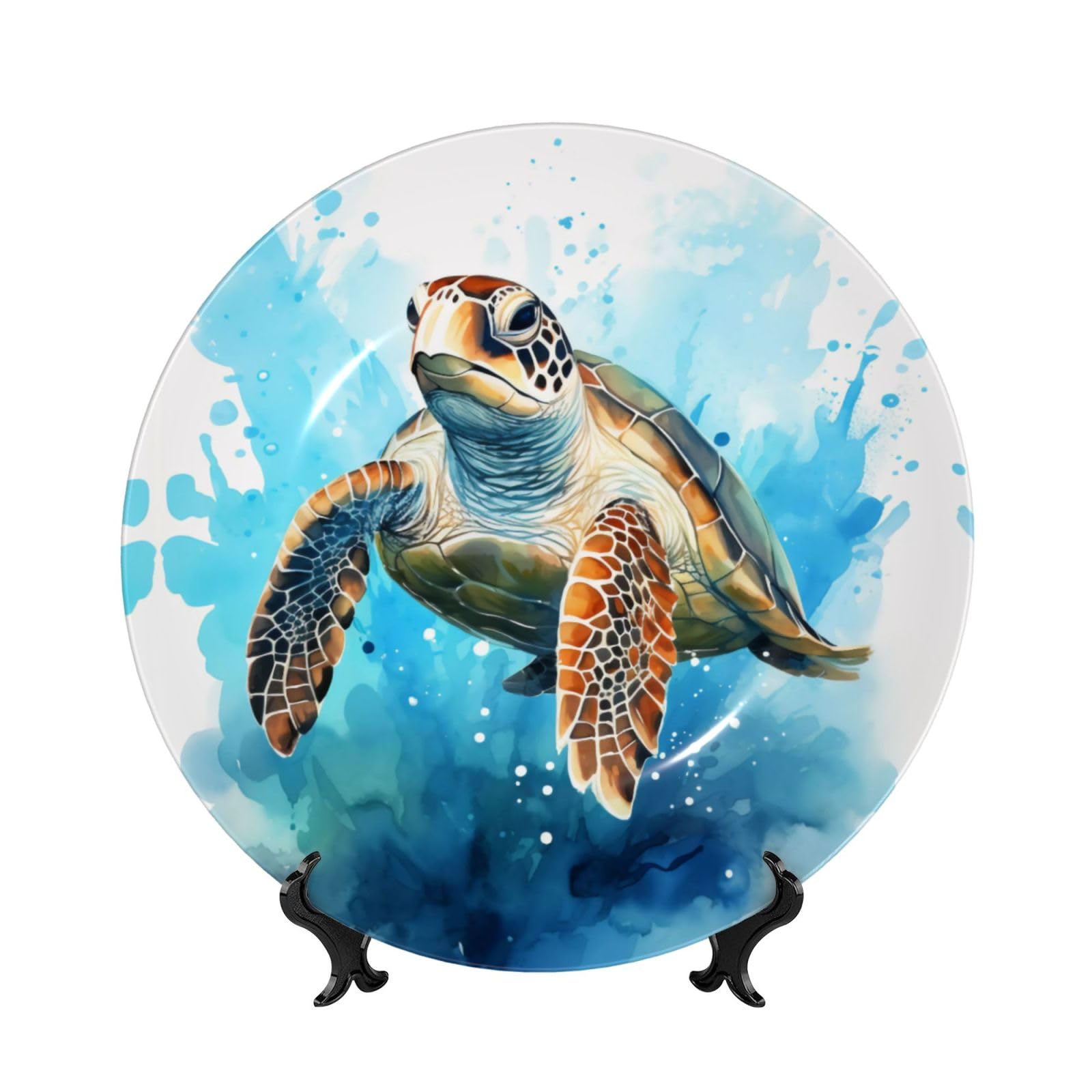 SXZVVBN Turtle in the Blue Ocean Bone China Decorative Plate Art with Stand Removable Adhesive Hanging for Home Office 7in