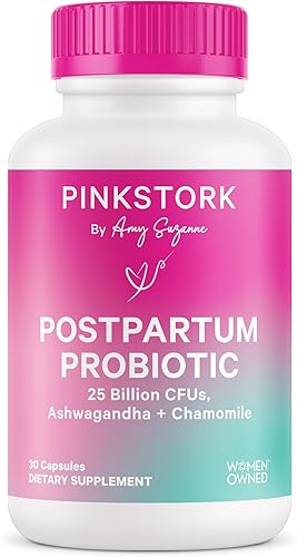 Pink Stork Probiótico posparto probióticos posnatales para la recuperación posparto, equilibrio hormonal para mujeres, Ashwagandha y manzanilla,
