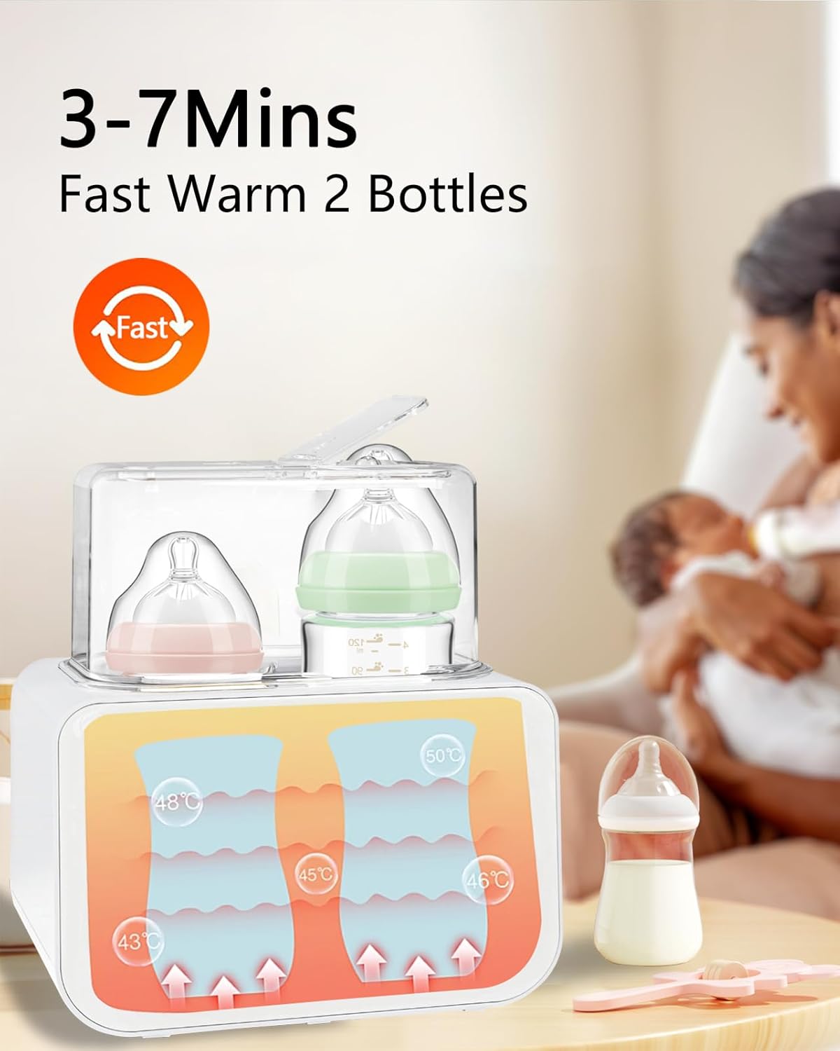 HEYVALUE W2 Bottle Warmer showing fast warming of two bottles with heat diagrams
